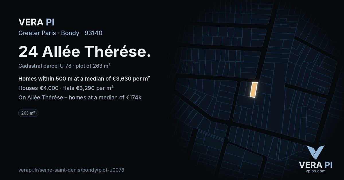 24 Allée Thérése, Bondy at night – the plot lit, the parcels around coloured by the prices near them