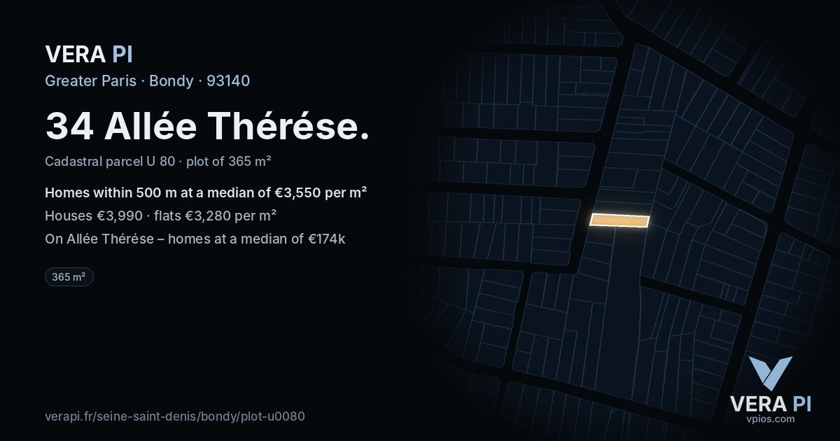 34 Allée Thérése, Bondy at night – the plot lit, the parcels around coloured by the prices near them