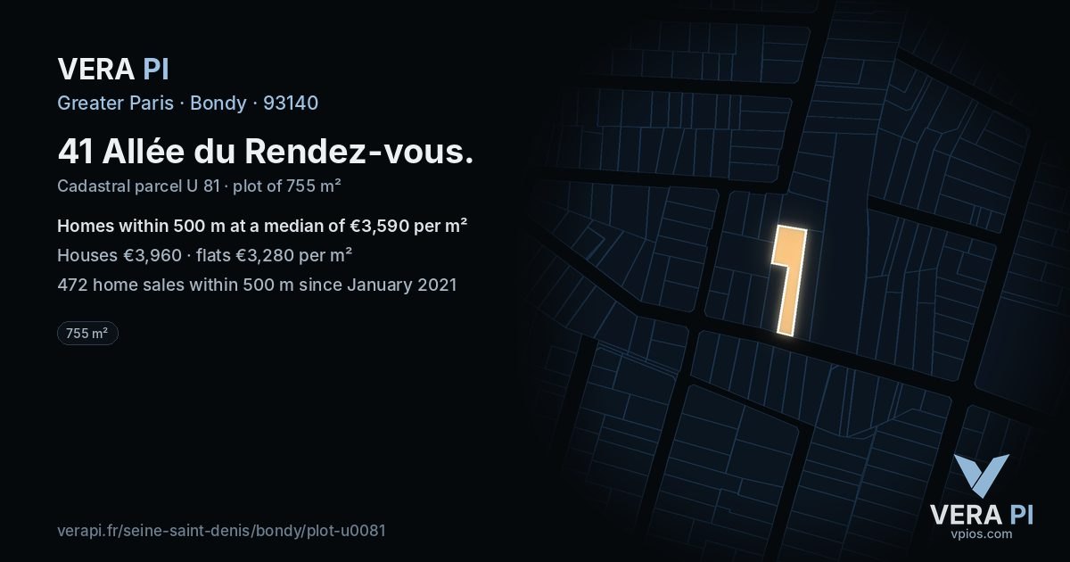 41 Allée du Rendez-vous, Bondy at night – the plot lit, the parcels around coloured by the prices near them