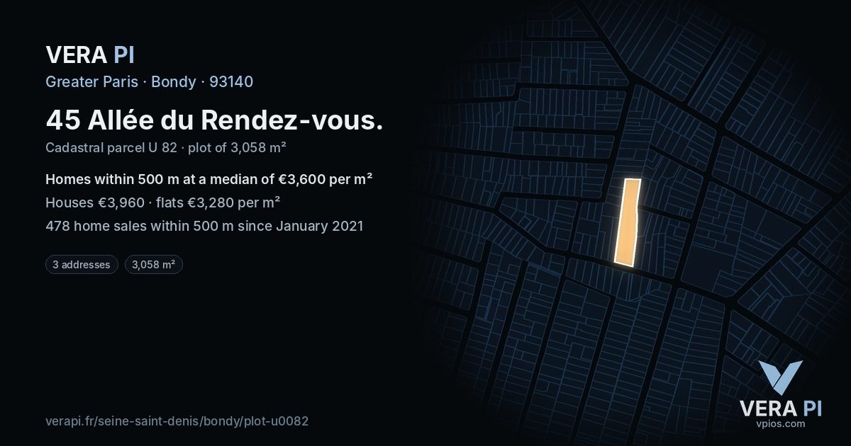 45 Allée du Rendez-vous, Bondy at night – the plot lit, the parcels around coloured by the prices near them