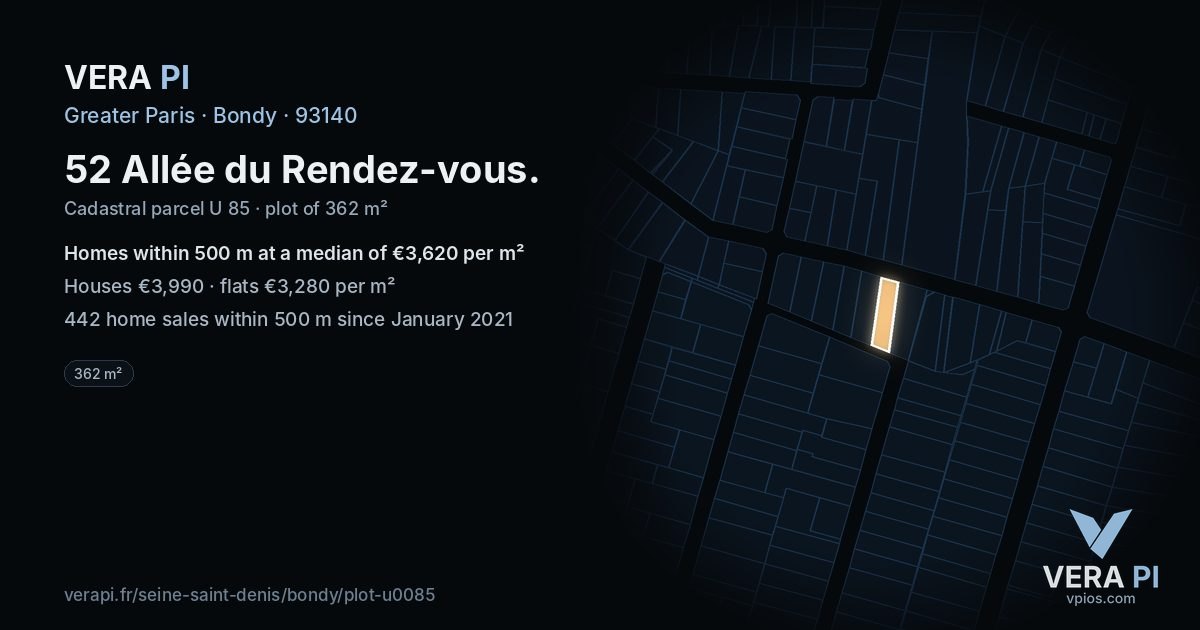 52 Allée du Rendez-vous, Bondy at night – the plot lit, the parcels around coloured by the prices near them