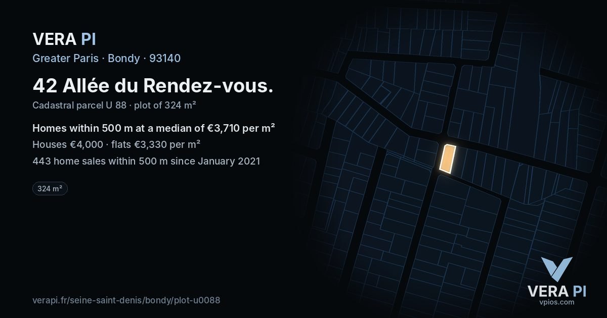 42 Allée du Rendez-vous, Bondy at night – the plot lit, the parcels around coloured by the prices near them