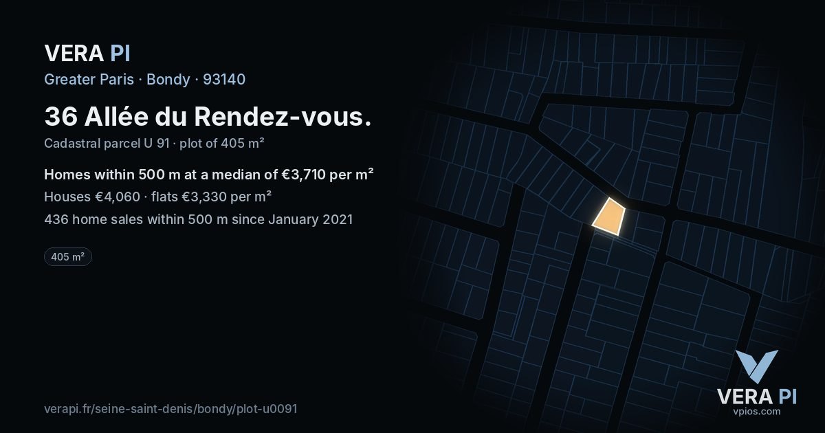 36 Allée du Rendez-vous, Bondy at night – the plot lit, the parcels around coloured by the prices near them