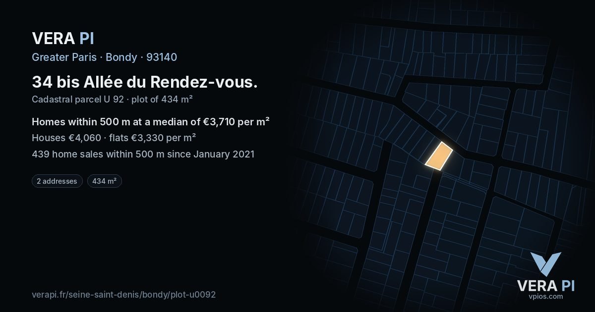 34 bis Allée du Rendez-vous, Bondy at night – the plot lit, the parcels around coloured by the prices near them