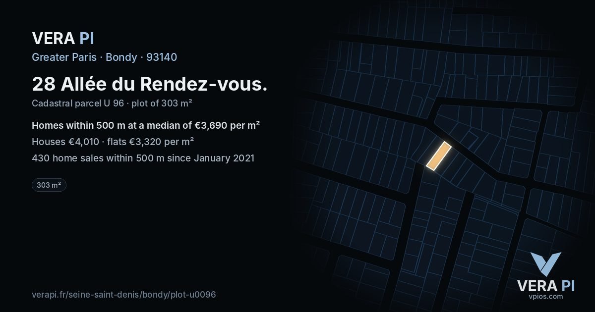 28 Allée du Rendez-vous, Bondy at night – the plot lit, the parcels around coloured by the prices near them