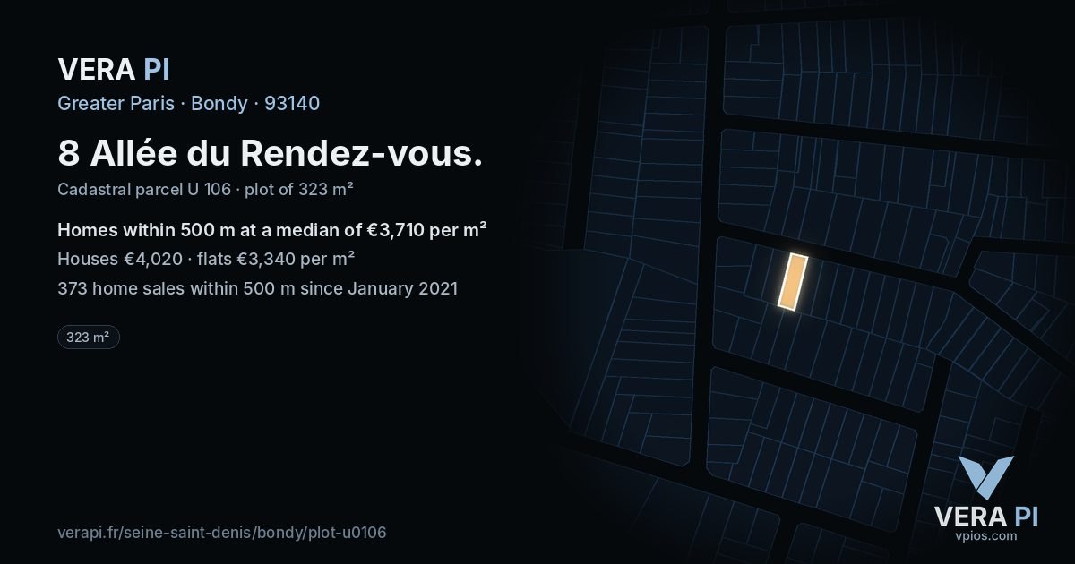 8 Allée du Rendez-vous, Bondy at night – the plot lit, the parcels around coloured by the prices near them