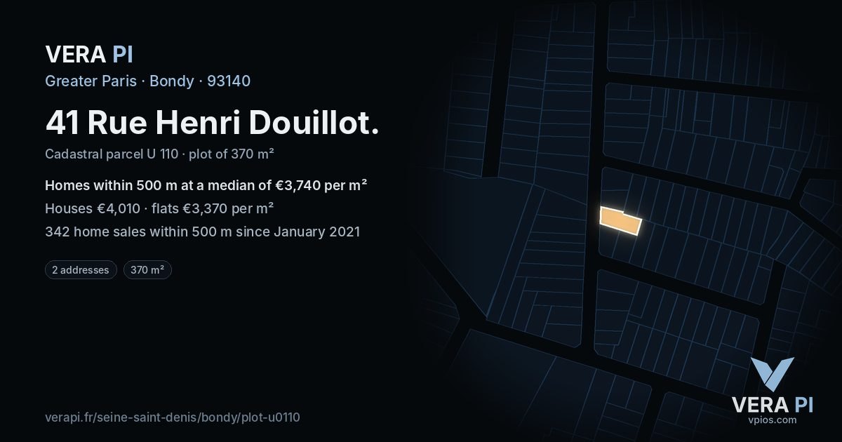41 Rue Henri Douillot, Bondy at night – the plot lit, the parcels around coloured by the prices near them