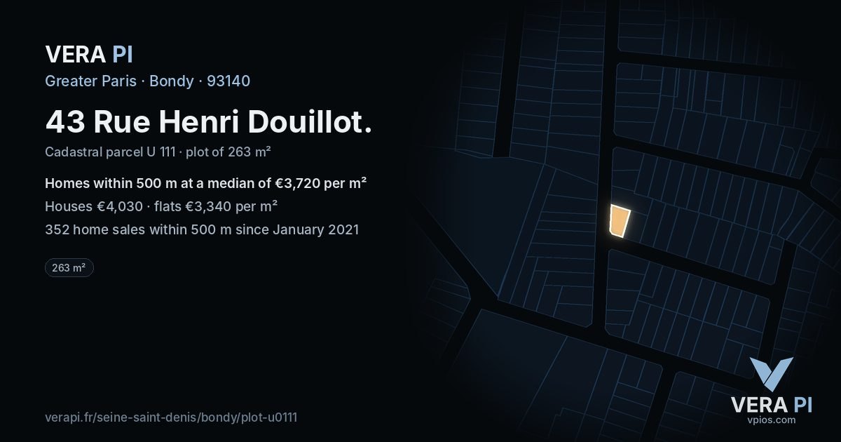 43 Rue Henri Douillot, Bondy at night – the plot lit, the parcels around coloured by the prices near them