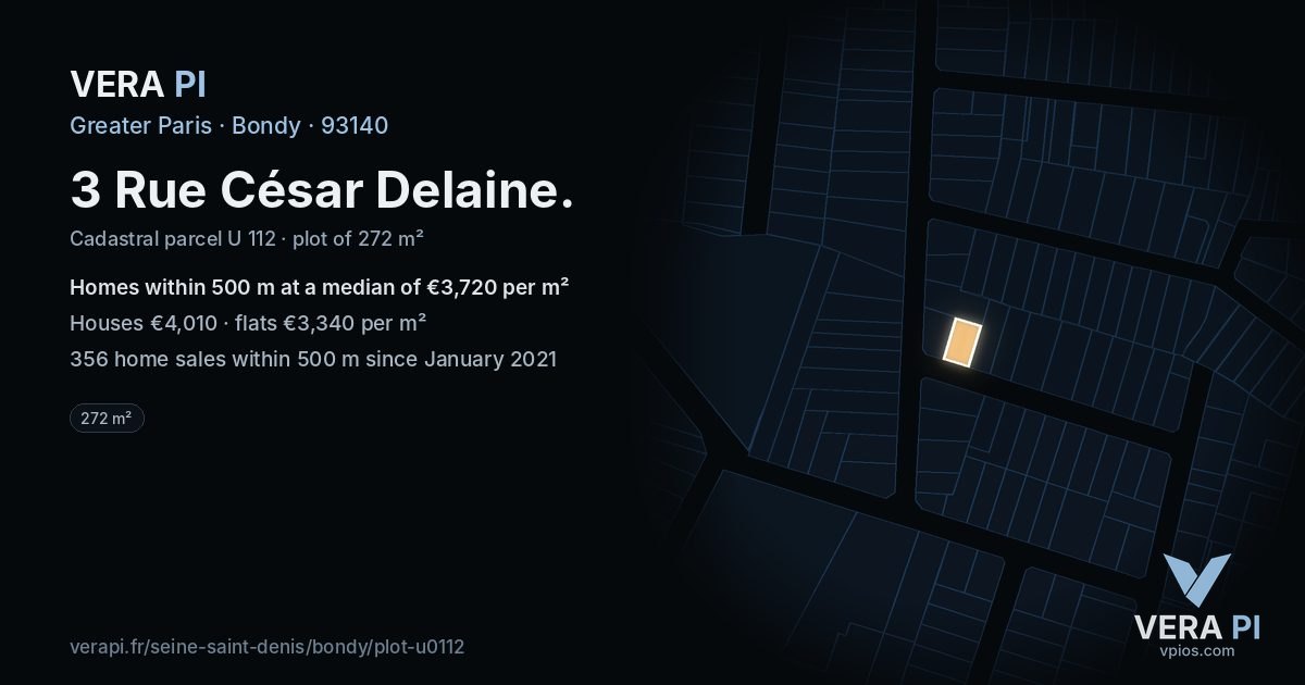 3 Rue César Delaine, Bondy at night – the plot lit, the parcels around coloured by the prices near them