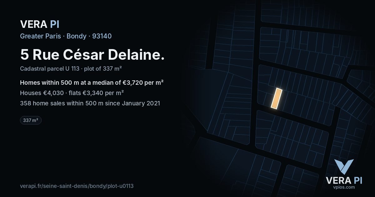 5 Rue César Delaine, Bondy at night – the plot lit, the parcels around coloured by the prices near them