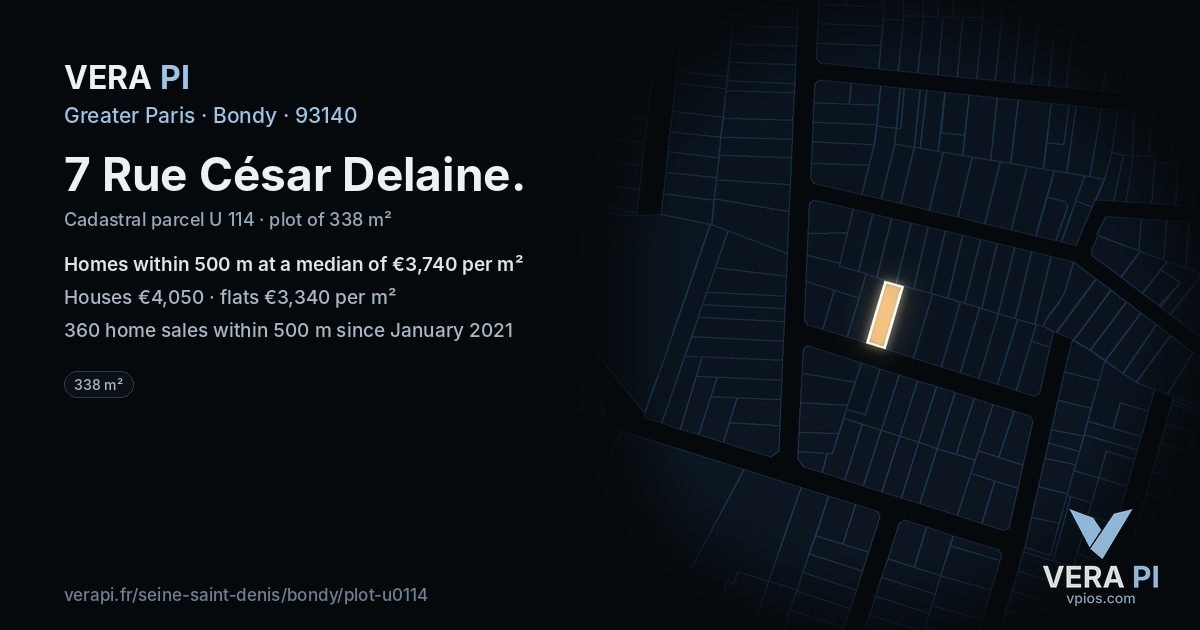 7 Rue César Delaine, Bondy at night – the plot lit, the parcels around coloured by the prices near them