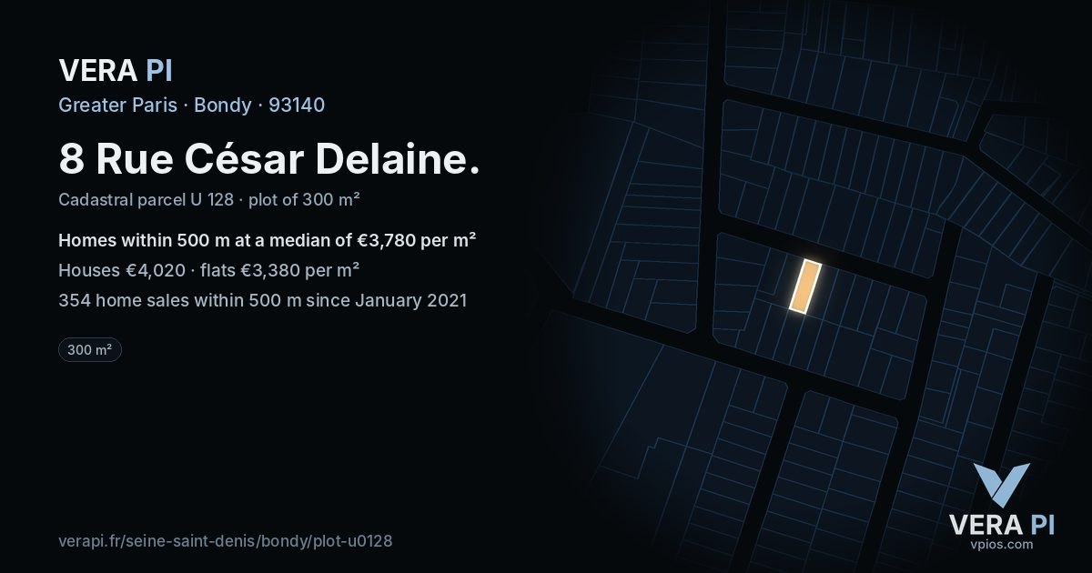 8 Rue César Delaine, Bondy at night – the plot lit, the parcels around coloured by the prices near them