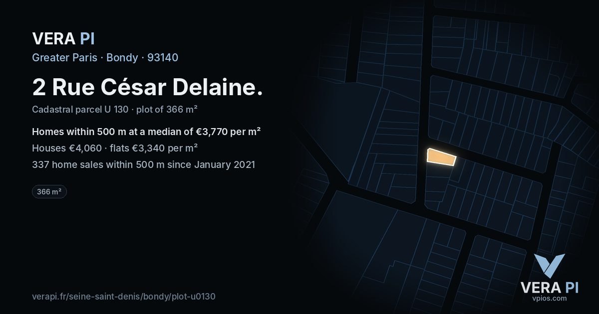 2 Rue César Delaine, Bondy at night – the plot lit, the parcels around coloured by the prices near them