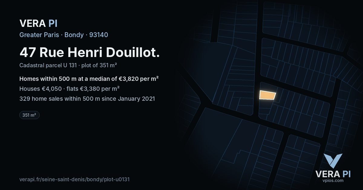 47 Rue Henri Douillot, Bondy at night – the plot lit, the parcels around coloured by the prices near them