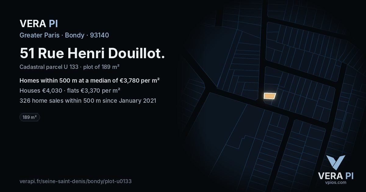 51 Rue Henri Douillot, Bondy at night – the plot lit, the parcels around coloured by the prices near them
