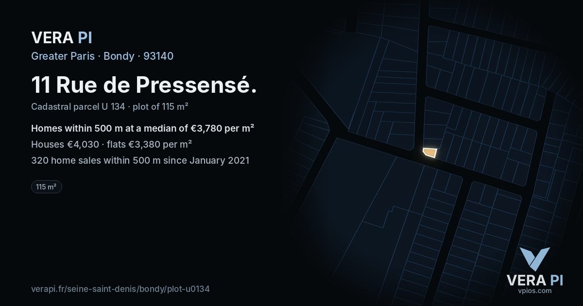 11 Rue de Pressensé, Bondy at night – the plot lit, the parcels around coloured by the prices near them