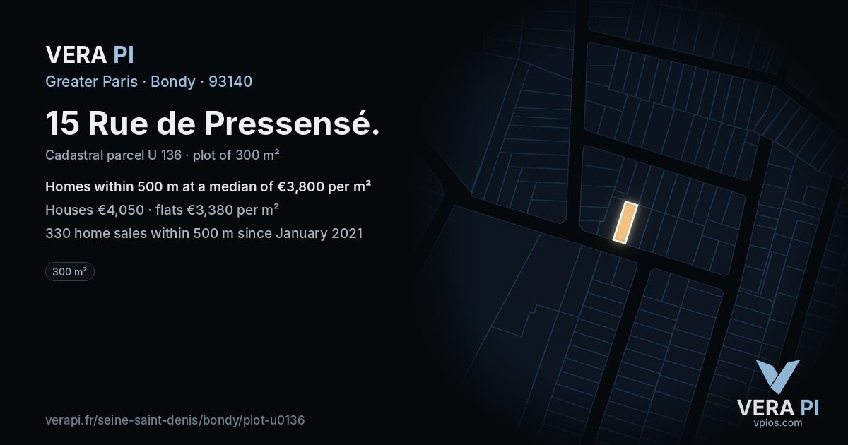 15 Rue de Pressensé, Bondy at night – the plot lit, the parcels around coloured by the prices near them