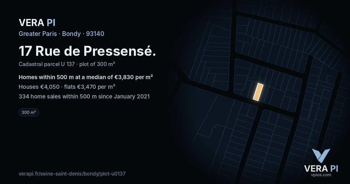 17 Rue de Pressensé, Bondy at night – the plot lit, the parcels around coloured by the prices near them