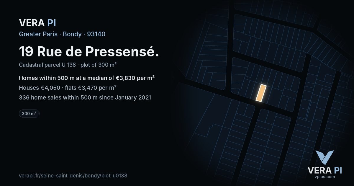19 Rue de Pressensé, Bondy at night – the plot lit, the parcels around coloured by the prices near them