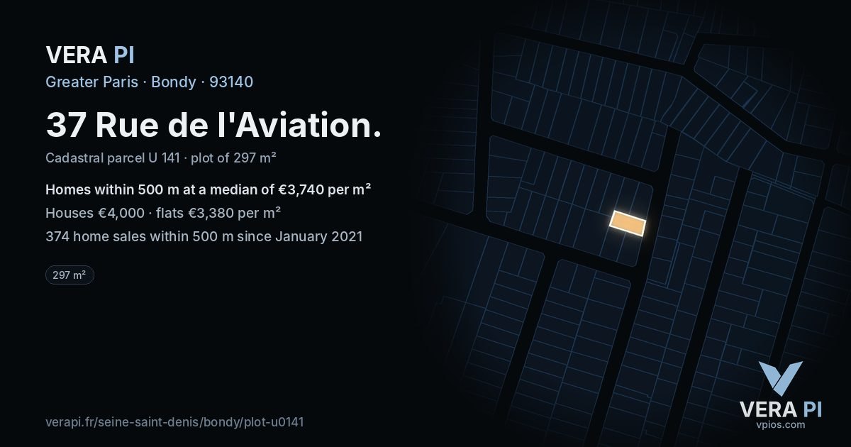 37 Rue de l'Aviation, Bondy at night – the plot lit, the parcels around coloured by the prices near them
