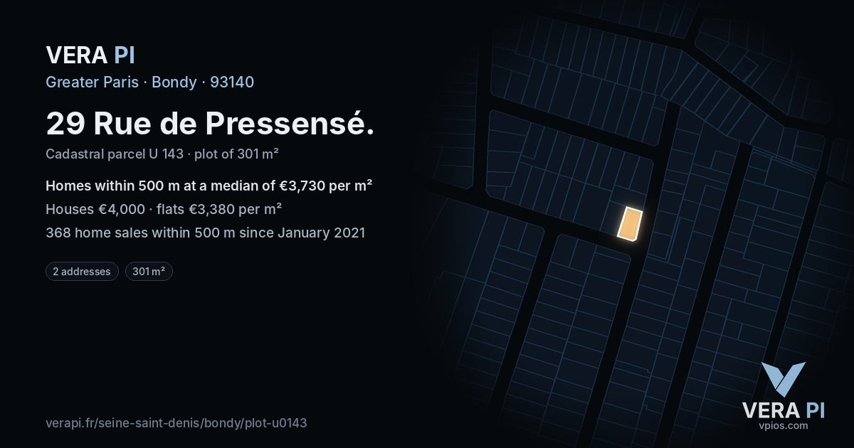 29 Rue de Pressensé, Bondy at night – the plot lit, the parcels around coloured by the prices near them