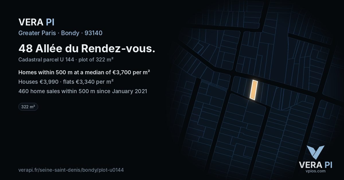 48 Allée du Rendez-vous, Bondy at night – the plot lit, the parcels around coloured by the prices near them