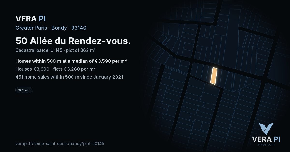 50 Allée du Rendez-vous, Bondy at night – the plot lit, the parcels around coloured by the prices near them