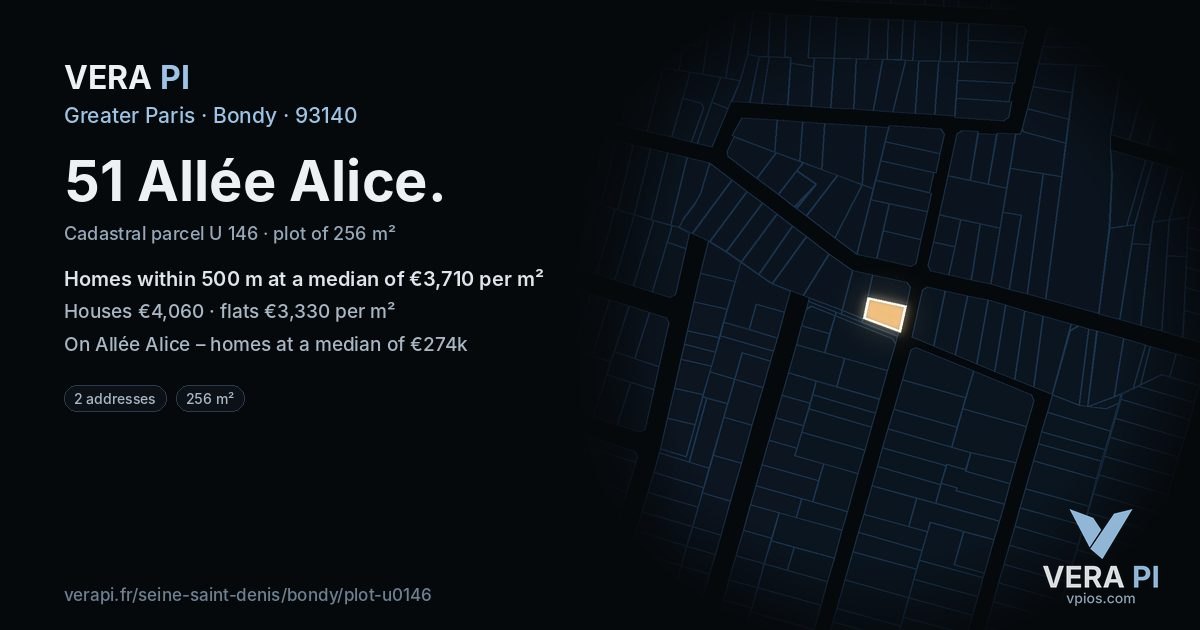 51 Allée Alice, Bondy at night – the plot lit, the parcels around coloured by the prices near them