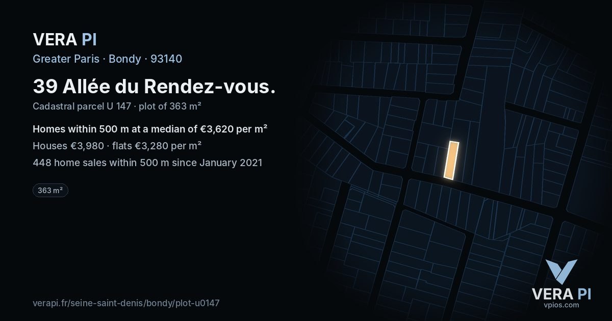 39 Allée du Rendez-vous, Bondy at night – the plot lit, the parcels around coloured by the prices near them