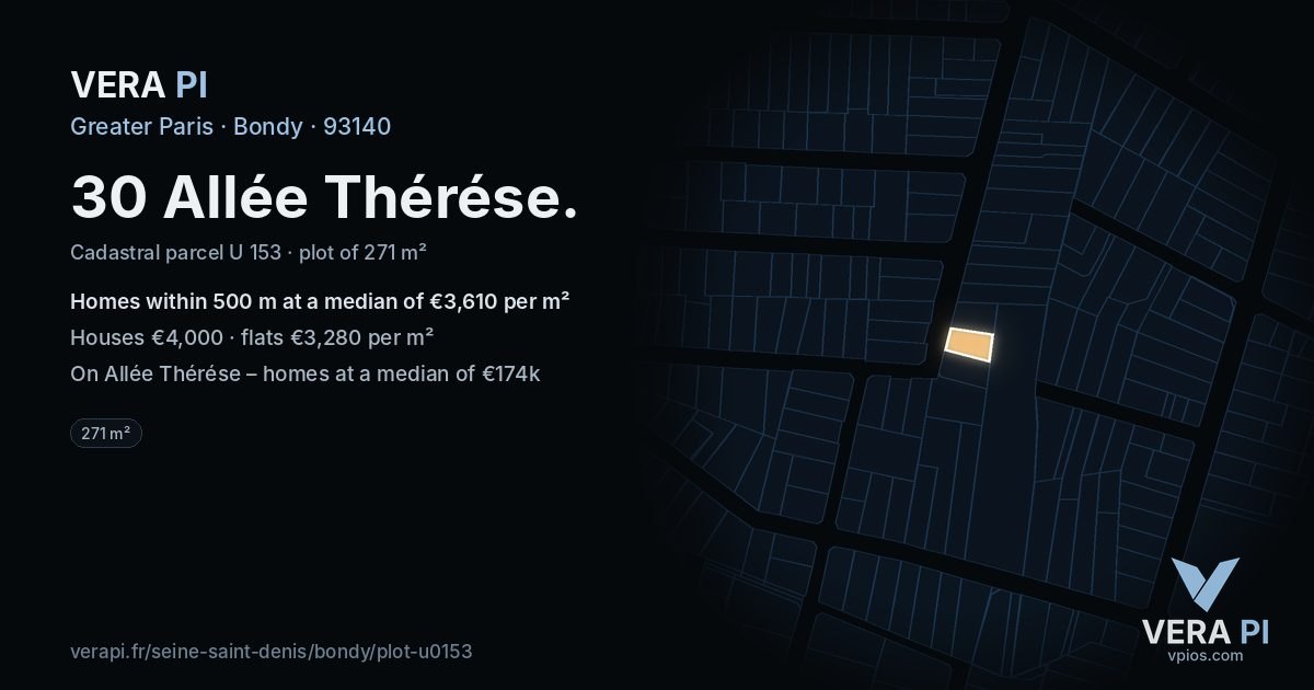 30 Allée Thérése, Bondy at night – the plot lit, the parcels around coloured by the prices near them