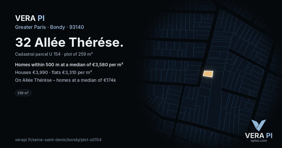 32 Allée Thérése, Bondy at night – the plot lit, the parcels around coloured by the prices near them