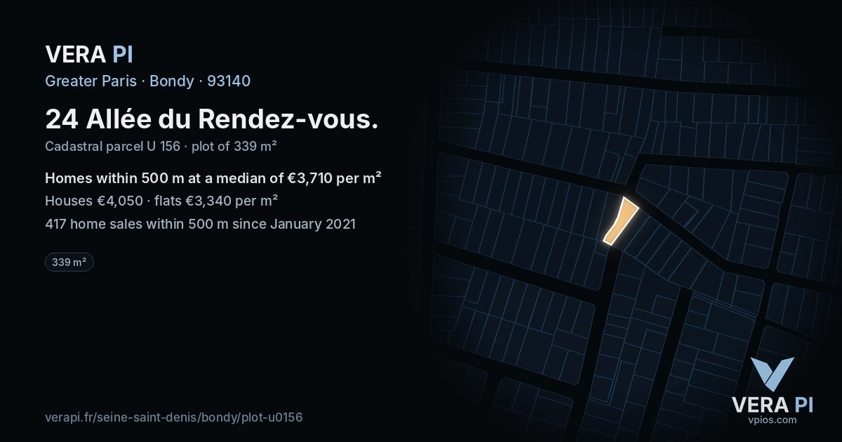 24 Allée du Rendez-vous, Bondy at night – the plot lit, the parcels around coloured by the prices near them