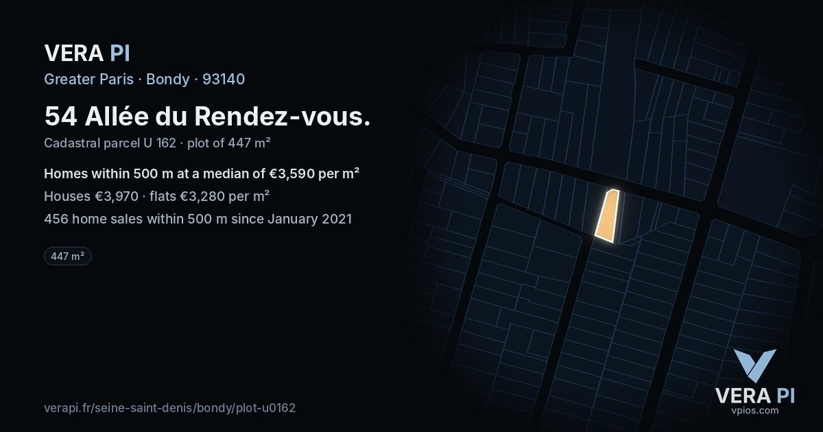54 Allée du Rendez-vous, Bondy at night – the plot lit, the parcels around coloured by the prices near them