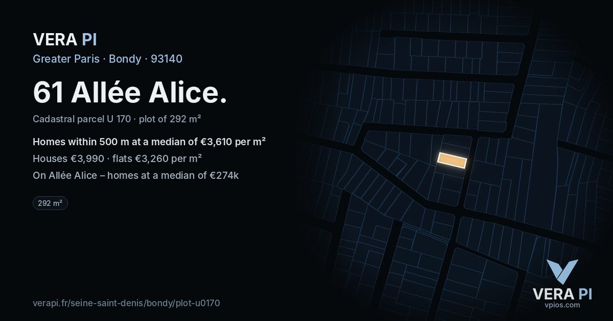 61 Allée Alice, Bondy at night – the plot lit, the parcels around coloured by the prices near them
