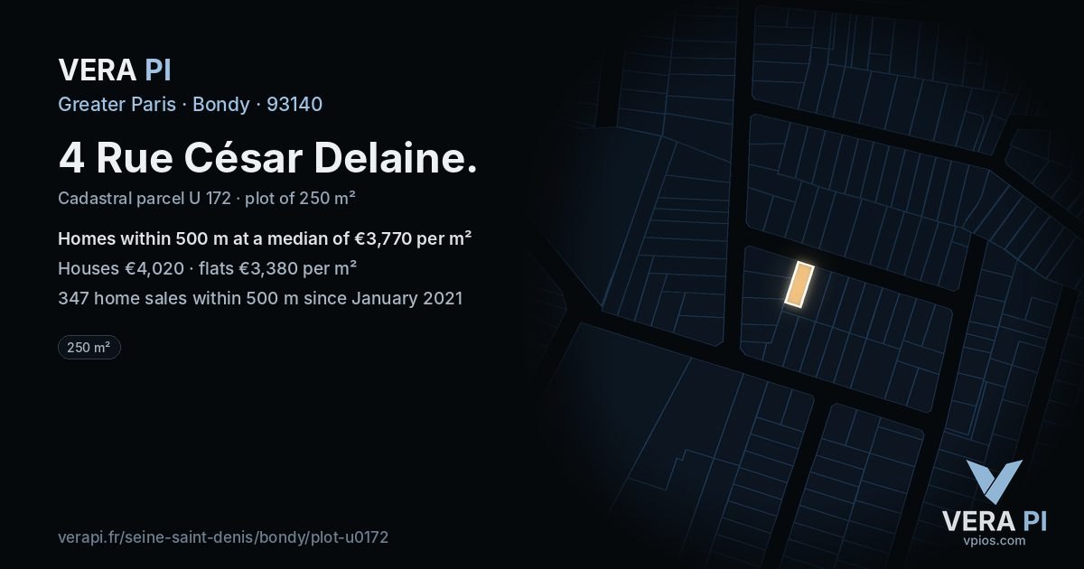 4 Rue César Delaine, Bondy at night – the plot lit, the parcels around coloured by the prices near them
