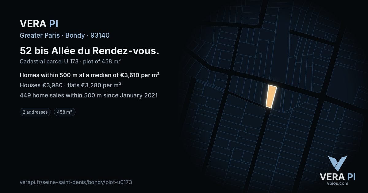 52 bis Allée du Rendez-vous, Bondy at night – the plot lit, the parcels around coloured by the prices near them