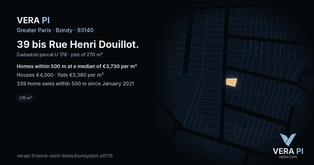 39 bis Rue Henri Douillot, Bondy at night – the plot lit, the parcels around coloured by the prices near them
