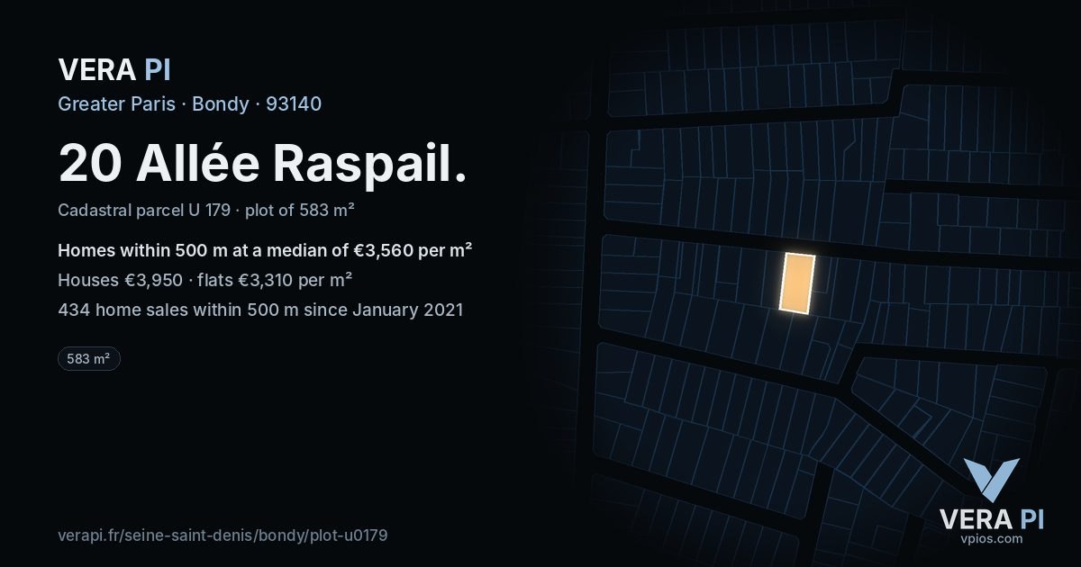 20 Allée Raspail, Bondy at night – the plot lit, the parcels around coloured by the prices near them