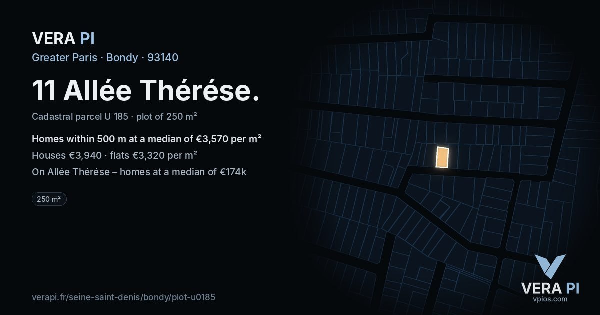 11 Allée Thérése, Bondy at night – the plot lit, the parcels around coloured by the prices near them