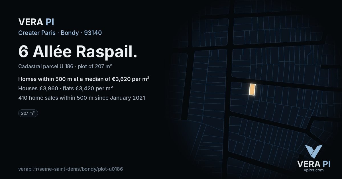 6 Allée Raspail, Bondy at night – the plot lit, the parcels around coloured by the prices near them