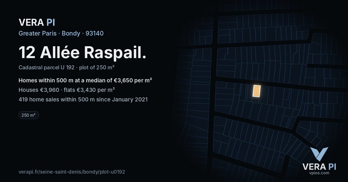 12 Allée Raspail, Bondy at night – the plot lit, the parcels around coloured by the prices near them