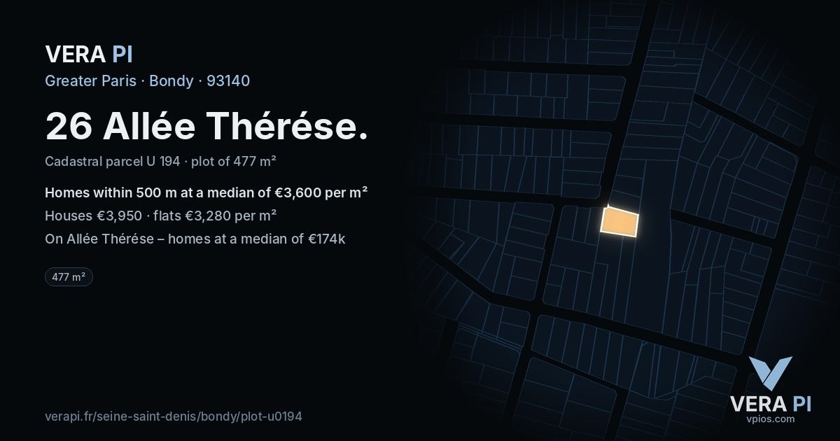 26 Allée Thérése, Bondy at night – the plot lit, the parcels around coloured by the prices near them