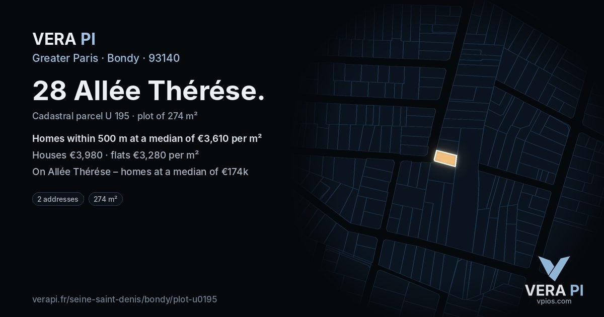 28 Allée Thérése, Bondy at night – the plot lit, the parcels around coloured by the prices near them