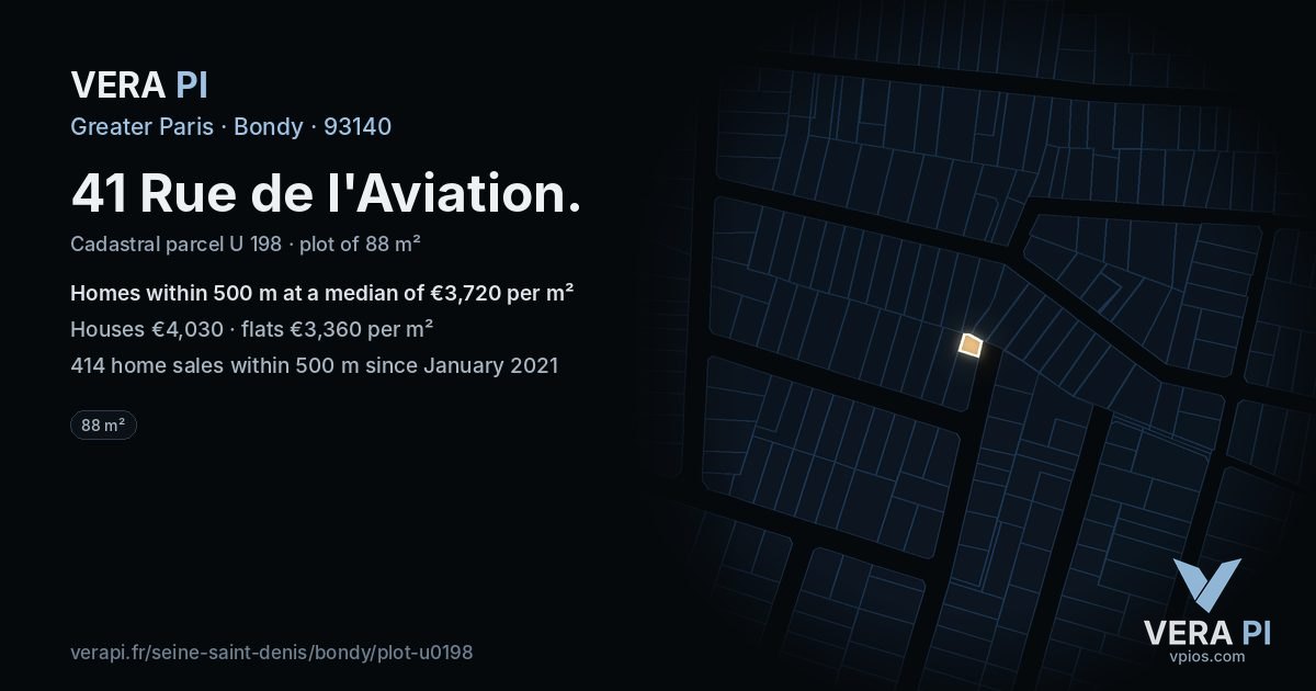 41 Rue de l'Aviation, Bondy at night – the plot lit, the parcels around coloured by the prices near them