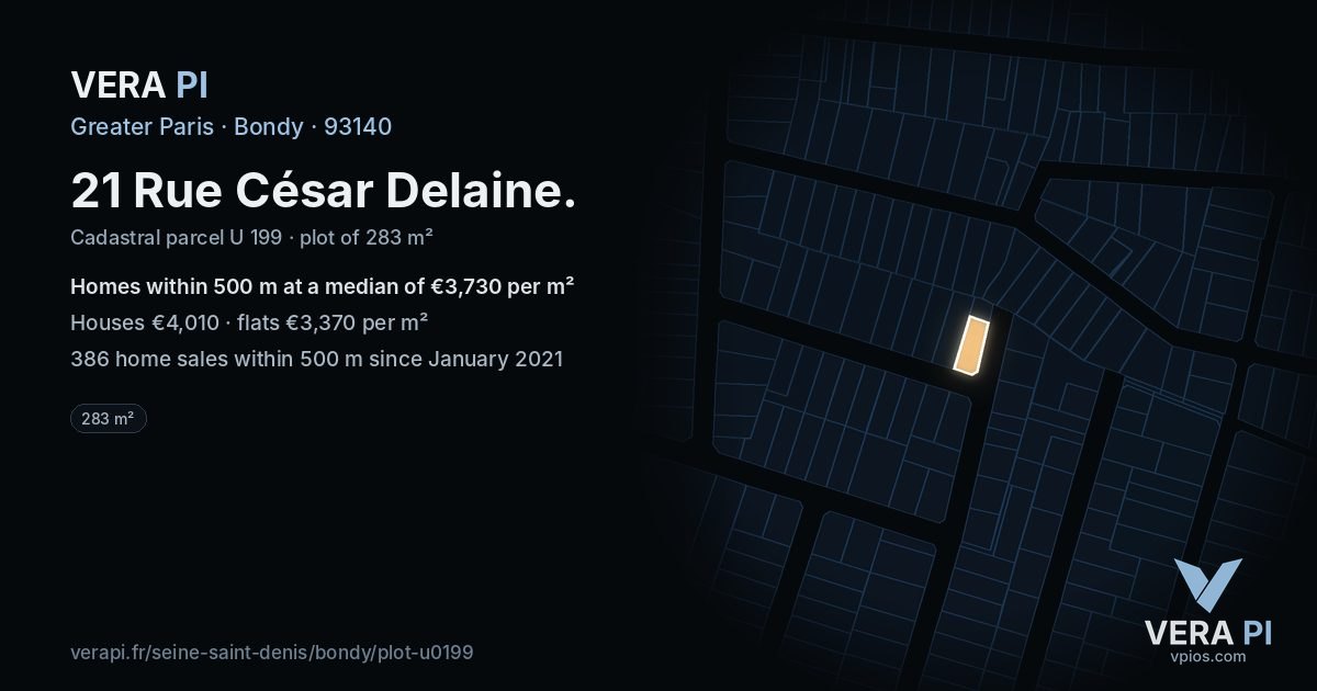 21 Rue César Delaine, Bondy at night – the plot lit, the parcels around coloured by the prices near them