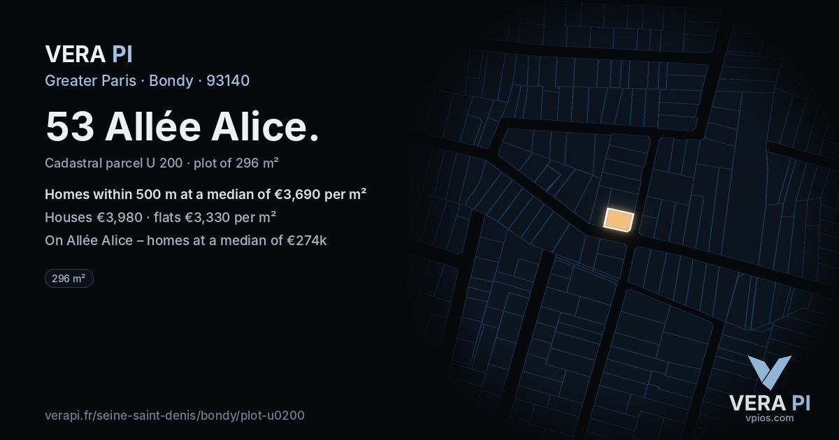 53 Allée Alice, Bondy at night – the plot lit, the parcels around coloured by the prices near them