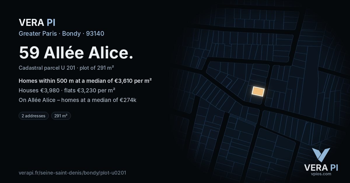59 Allée Alice, Bondy at night – the plot lit, the parcels around coloured by the prices near them
