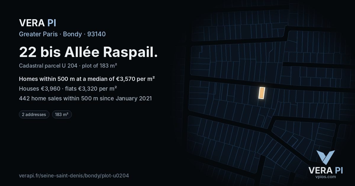 22 bis Allée Raspail, Bondy at night – the plot lit, the parcels around coloured by the prices near them