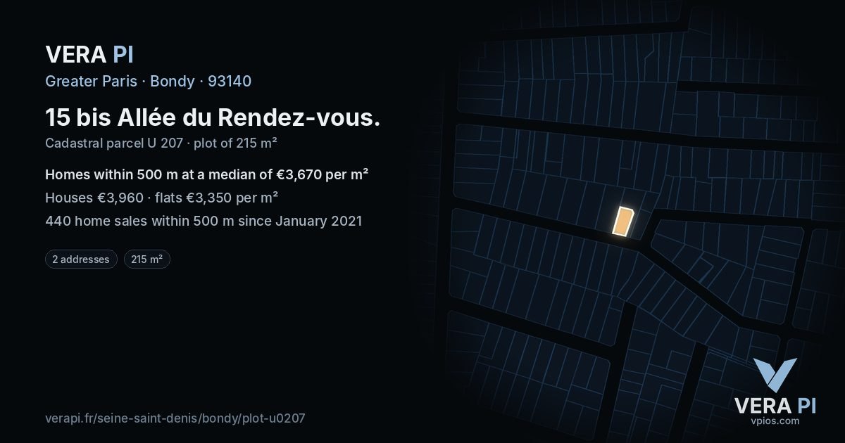 15 bis Allée du Rendez-vous, Bondy at night – the plot lit, the parcels around coloured by the prices near them