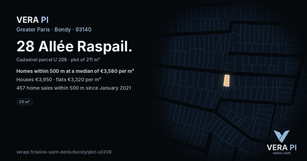 28 Allée Raspail, Bondy at night – the plot lit, the parcels around coloured by the prices near them